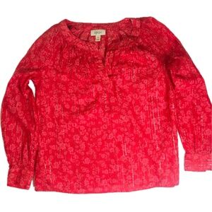 Style & Co Shirt Womens Petite Small Red Floral Metallic Long‎ Sleeve Split Neck
